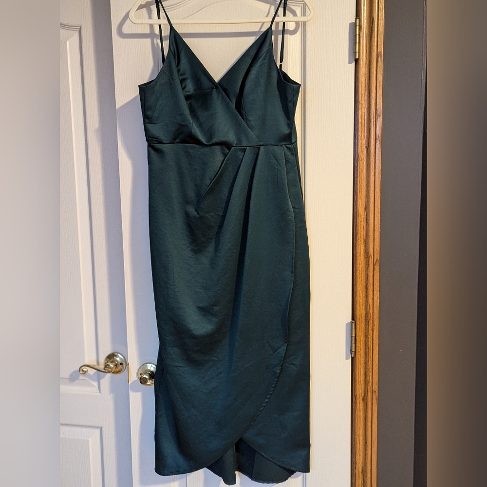 Hunter green satin midi dress